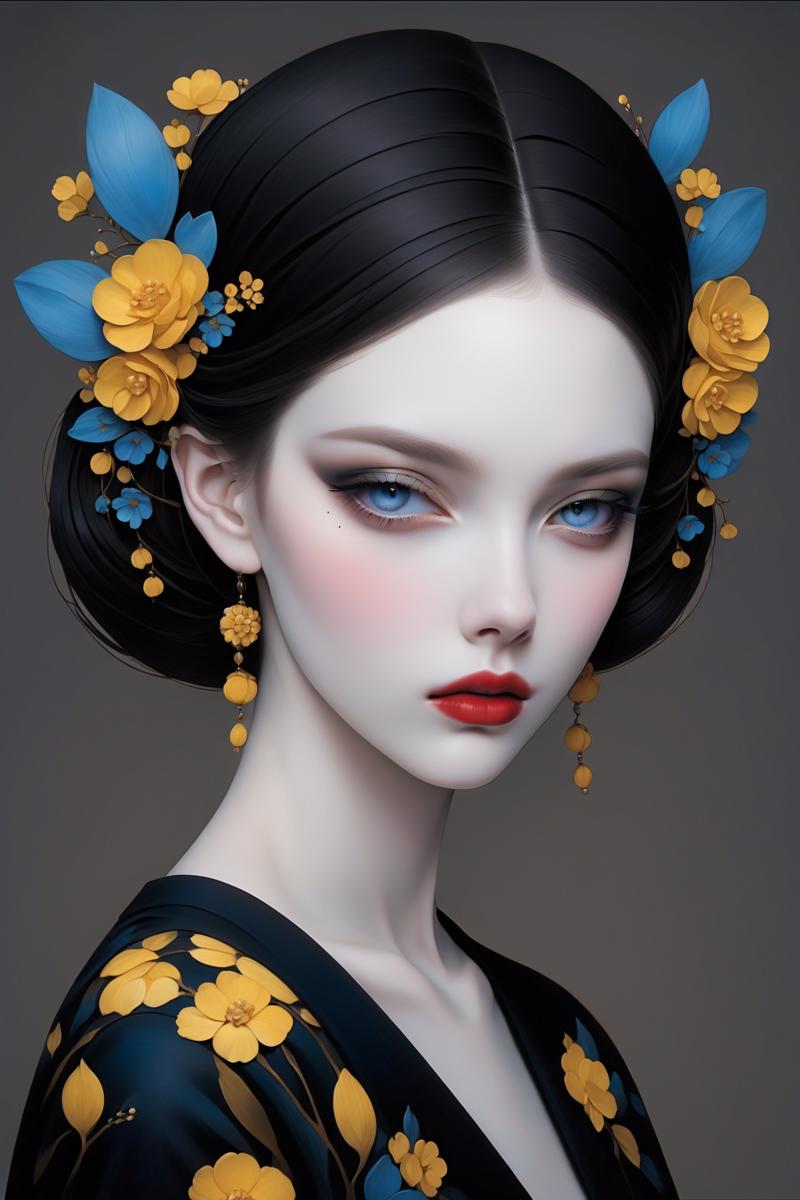 28055-1455013711-_lora_NHmix_0.8_,GL,1girl,solo,looking at viewer,red lips,blue eyes,makeup,blue eyes,mole under eye,flower,hair ornament,grey ba.png